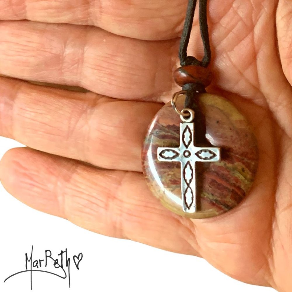 Sterling Southwest Cross on Jasper Pendant - NWOT - Adjustable Cord